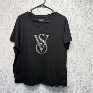 Victoria's Secret T-Shirt Women XXL Black Silver VS Logo Graphic Cotton Tee